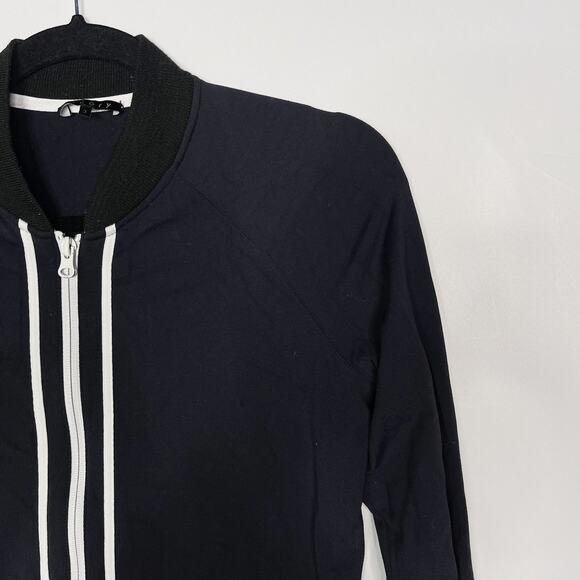 Theory Womens Small S Black Knit Bomber Jacket Full Zip Ribbed Stripe Detail - Picture 3 of 7